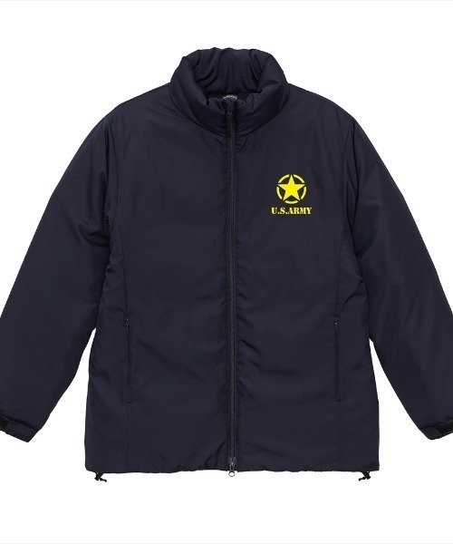 Ol' Basics（オールベーシックス）の「Ol' Basics（オール・ベーシックス） フェイクダウンジャケット 中綿 スタンドカラー U.S.ARMY ロゴプリント シームレス 中綿ジャケット パデッドジャケット アウター アメカジ ミリタリー メンズ レディース ユニセックス（ダウンジャケット/コート・メンズ・ネイビー/ブラック・L/XL/M）」の2枚目の写真