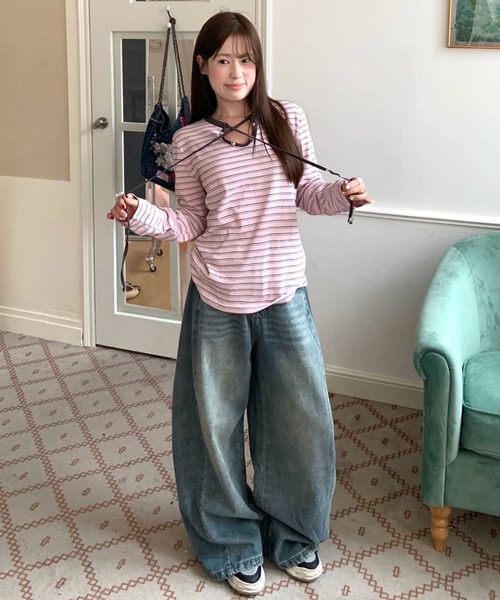 SHEPP(シープ)の「【26年秋冬新作】フロントリボン スターモチーフ クルーネック ボーダー ロンT(Tシャツ/カットソー・レディース・ピンク・M)」の22枚目の写真