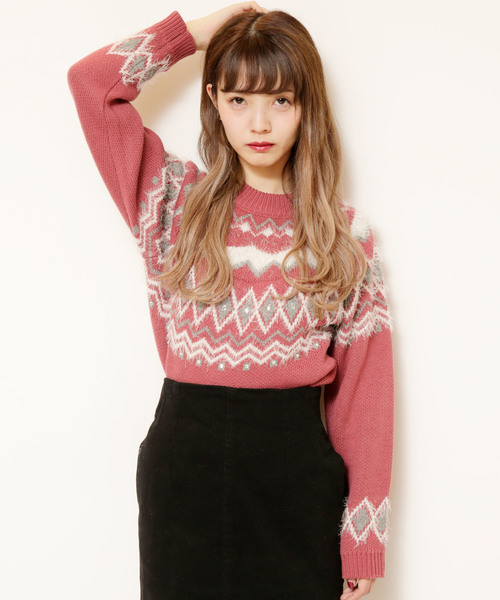 RAY CASSIN（レイカズン）の「求心柄フェザー使いプルオーバー（ニット/セーター・レディース・ネイビー/ピンク/オフホワイト・FREE）」の3枚目の写真