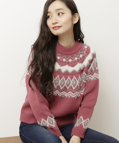 RAY CASSIN（レイカズン）の「求心柄フェザー使いプルオーバー（ニット/セーター・レディース・ネイビー/ピンク/オフホワイト・FREE）」の5枚目の写真