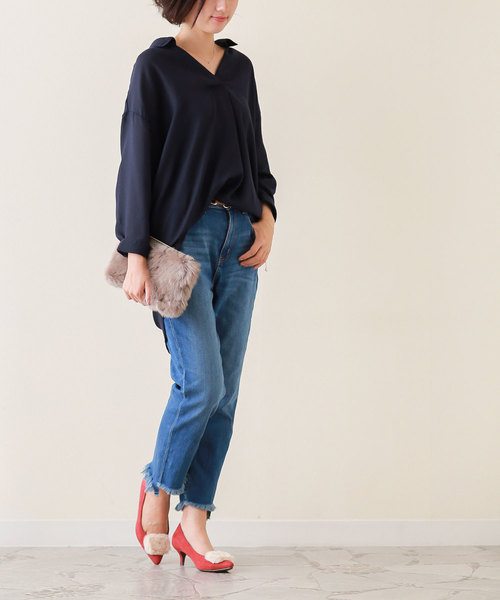 menue(メヌエ)の「イイ女ポインテッド ファーデザインパンプス(パンプス・レディース・ブラック/グレイッシュベージュ/ネイビー/ライトグレー/エンジ/チェック・21.5cm/22.5cm/22cm/23.5cm/23cm/24.5cm/24cm/25.5cm/25cm/26.0cm)」の12枚目の写真