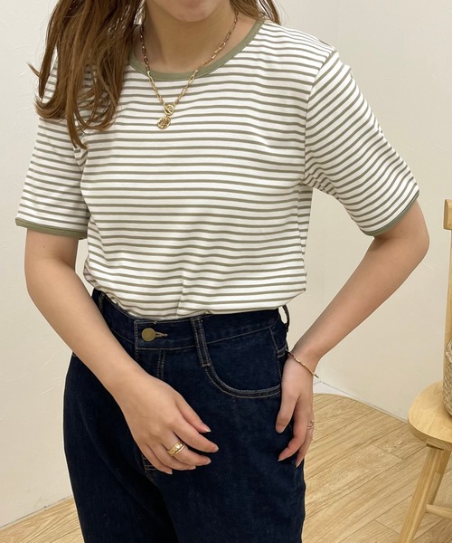 apres jour clair（アプレジュールクレア）の「【apres jour clair】パイピングボーダーTシャツ【ZOZOTOWN限定アイテム】（Tシャツ/カットソー・レディース・ブラウン系その他/ミント/モカ・X-LARGE/フリー）」の3枚目の写真