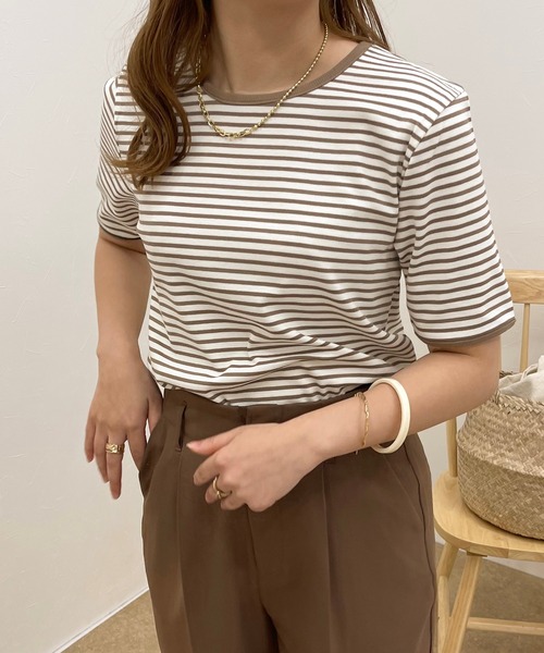 apres jour clair（アプレジュールクレア）の「【apres jour clair】パイピングボーダーTシャツ【ZOZOTOWN限定アイテム】（Tシャツ/カットソー・レディース・ブラウン系その他/ミント/モカ・X-LARGE/フリー）」の4枚目の写真