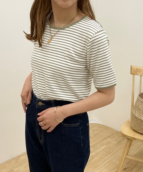 apres jour clair（アプレジュールクレア）の「【apres jour clair】パイピングボーダーTシャツ【ZOZOTOWN限定アイテム】（Tシャツ/カットソー・レディース・ブラウン系その他/ミント/モカ・X-LARGE/フリー）」の7枚目の写真