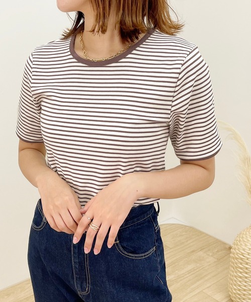 apres jour clair（アプレジュールクレア）の「【apres jour clair】パイピングボーダーTシャツ【ZOZOTOWN限定アイテム】（Tシャツ/カットソー・レディース・ブラウン系その他/ミント/モカ・X-LARGE/フリー）」の16枚目の写真