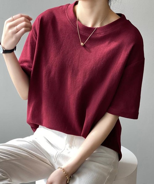 Bifrost(ビフレスト)の「無地ベーシッククルーネックTシャツ(Tシャツ/カットソー・レディース・ワインレッド/ブルー/グレー/ホワイト/ブラック・F)」の1枚目の写真