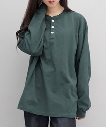 7.6オンス USAコットン 袖リブ ヘンリーネック ロングスリーブ Tシャツ レギュラーシルエット