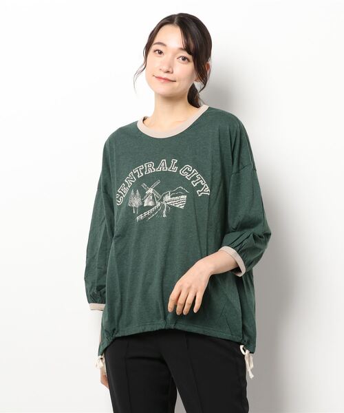 Samansa Mos2（サマンサ モスモス）の「裾しぼりゆるリンガーTシャツ（Tシャツ/カットソー・レディース・レッド/グリーン/チャコール/キナリ・ﾌﾘ-）」の9枚目の写真