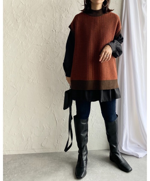 She's Closet(シーズクローゼット)の「オーバーサイズモックネック配色柄編みニットベスト(ベスト・レディース・アイボリー/ベージュ/ダークオレンジ/ダークグリーン・FREE)」の5枚目の写真