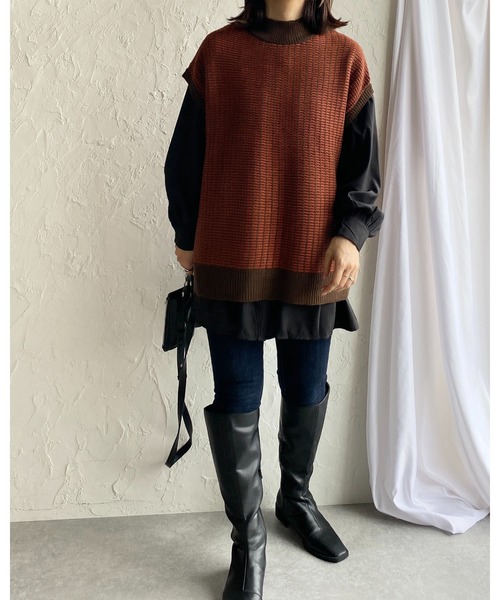 She's Closet(シーズクローゼット)の「オーバーサイズモックネック配色柄編みニットベスト(ベスト・レディース・アイボリー/ベージュ/ダークオレンジ/ダークグリーン・FREE)」の22枚目の写真