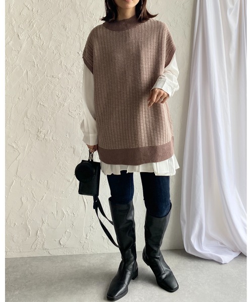 She's Closet(シーズクローゼット)の「オーバーサイズモックネック配色柄編みニットベスト(ベスト・レディース・アイボリー/ベージュ/ダークオレンジ/ダークグリーン・FREE)」の8枚目の写真