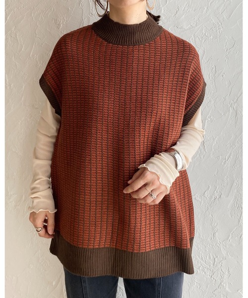 She's Closet(シーズクローゼット)の「オーバーサイズモックネック配色柄編みニットベスト(ベスト・レディース・アイボリー/ベージュ/ダークオレンジ/ダークグリーン・FREE)」の21枚目の写真