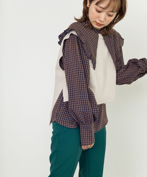 美品 ダーマコレクション 大きいサイズ シアー フリルブラウス チェック柄 黒 美品 ダーマコレクション 大きいサイズ シアー フリルブラウス