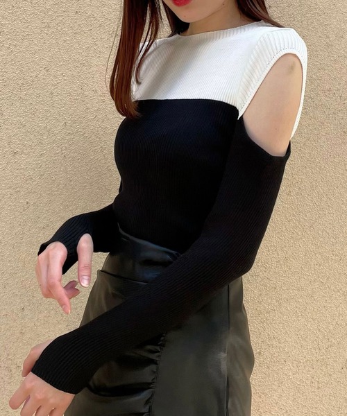 Crea titty&Co. PETIT(クレアティティーアンドコープチ)の「【Crea titty&Co.PETIT】バイカラーオープンショルダートップス(Tシャツ/カットソー・レディース・ブラック・FREE)」の5枚目の写真