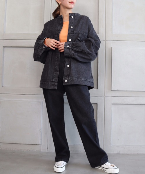 moment+（モーメントプラス）の「ノーカラーラフサイズデニムジャケット（デニムジャケット・レディース・ブラック/サックスブルー/インディゴブルー・FREE）」の16枚目の写真