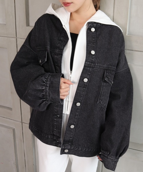 moment+（モーメントプラス）の「ノーカラーラフサイズデニムジャケット（デニムジャケット・レディース・ブラック/サックスブルー/インディゴブルー・FREE）」の18枚目の写真