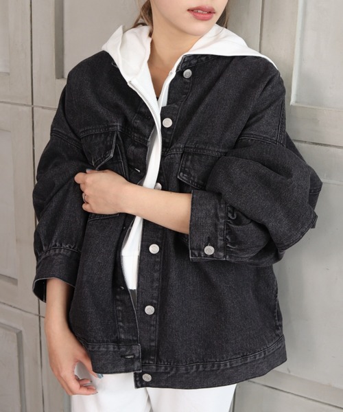 moment+（モーメントプラス）の「ノーカラーラフサイズデニムジャケット（デニムジャケット・レディース・ブラック/サックスブルー/インディゴブルー・FREE）」の19枚目の写真