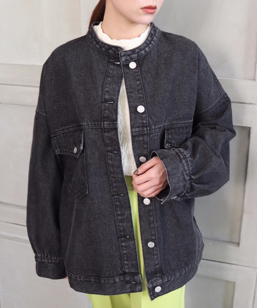 moment+（モーメントプラス）の「ノーカラーラフサイズデニムジャケット（デニムジャケット・レディース・ブラック/サックスブルー/インディゴブルー・FREE）」の6枚目の写真