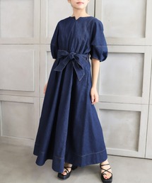 moment+ | ライトオンスデニム&T/Cツイル ランタンスリーブキーネックマキシワンピース*(ワンピース)