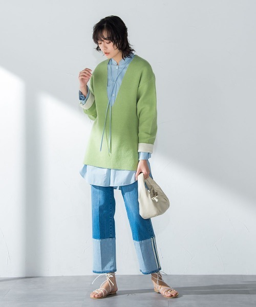 socolla（ソコラ）の「【socolla】ダブルフェイス深Vネックニット≪手洗い可能≫（ニット/セーター・レディース・ベージュ/ネイビー/ピンク/グリーン・M）」の15枚目の写真