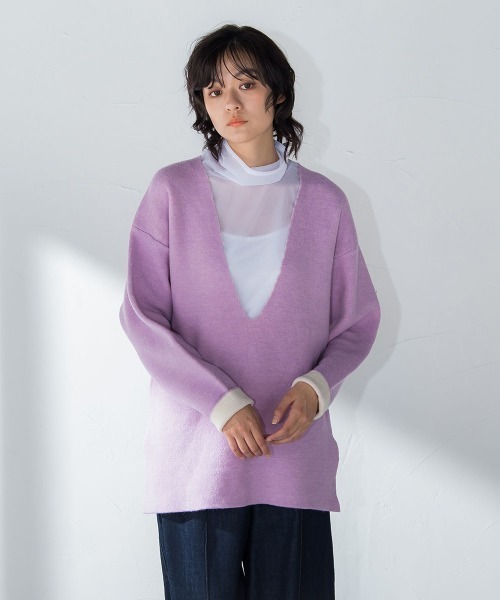 socolla（ソコラ）の「【socolla】ダブルフェイス深Vネックニット≪手洗い可能≫（ニット/セーター・レディース・ベージュ/ネイビー/ピンク/グリーン・M）」の5枚目の写真