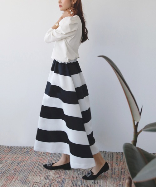 ELFRANK（エルフランク）の「ボーダー柄フレアロングスカート