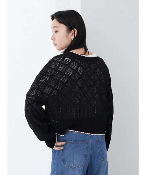 earth music&ecology(アースミュージックアンドエコロジー)の「配色透かしカーディガン(カーディガン/ボレロ・レディース・ブラック/オフホワイト・FREE)」の9枚目の写真