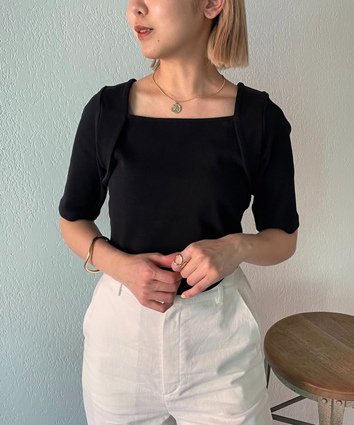 CAPRICIEUX LE'MAGE（カプリシューレマージュ）の「ボレロレイヤード風リブTシャツ（Tシャツ/カットソー・レディース・ホワイト/ブラック/グリーン・FREE）」の6枚目の写真