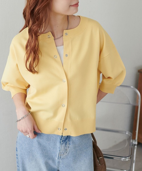 DISCOAT（ディスコート）の「【新色追加/夏の羽織に♪】ライトスポンディッシュ半袖カーディガン《WEB限定》（カーディガン/ボレロ・レディース・アイボリー/ブラック/グリーン/ピンク/オレンジ/サックスブルー/イエロー/ホワイト×ブラック/グレー/モカ/グリーン系その他/ネイビー/カーキ/グレイッシュベージュ/レモンイエロー/チャコールグレー・FREE）」の14枚目の写真