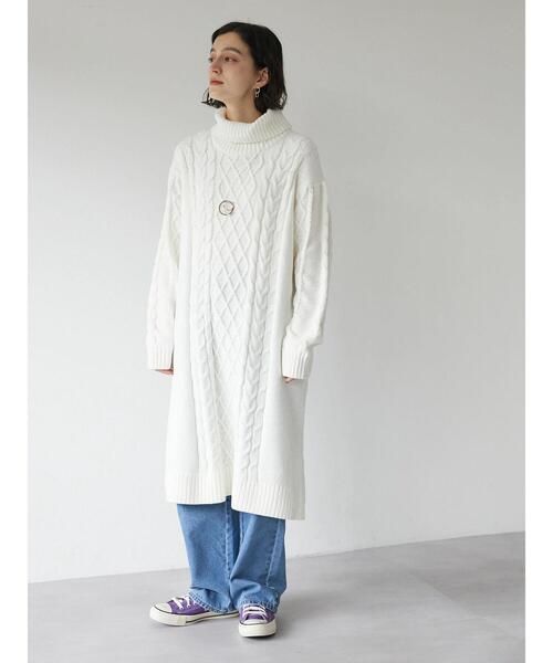 CRAFT STANDARD BOUTIQUE(クラフトスタンダードブティック)の「モールケーブル編みタートルネックワンピース ◆(ワンピース・レディース・ブルーグリーン/オフホワイト/ブラック・FREE)」の15枚目の写真