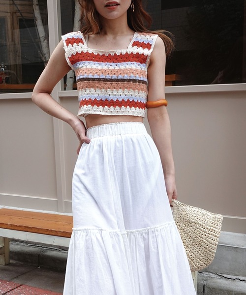 CORNERS（コーナーズ）の「クロシェ編みカラーニットベスト（ベスト・レディース・ブラック/イエロー/オレンジ・M）」の5枚目の写真