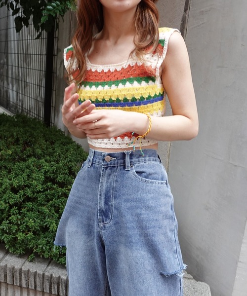 CORNERS（コーナーズ）の「クロシェ編みカラーニットベスト（ベスト・レディース・ブラック/イエロー/オレンジ・M）」の9枚目の写真