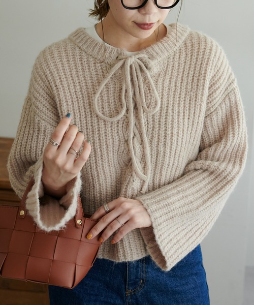 前後2ウェイ シルクラメ 7分袖 ニットプルオーバー ニット セーター ニットセーター PC6242 DISCOAT（ディスコート）の「【前後2WAY】編み上げニットプルオーバー