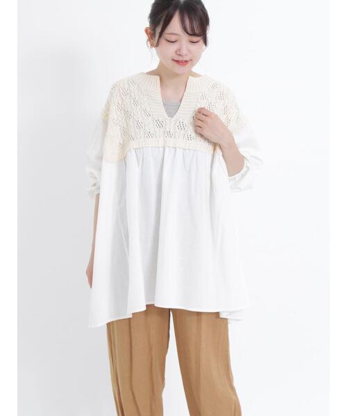 Samansa Mos2（サマンサ モスモス）の「柄編みニットドッキングチュニック（チュニック・レディース・オレンジ/キナリ/カーキ/ブラック・F）」の2枚目の写真