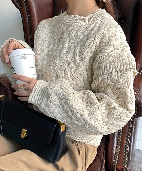 Thevon(ゼボン)の「スポンジケーブルショートニット(ニット/セーター・レディース・オレンジ/アイボリー/チャコールグレー/ブルー・FREE)」の9枚目の写真