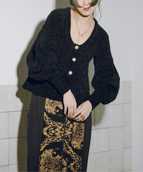 新品・タグ付き　maison dedolce ベロアカーディガン【black】 K2603 モヘヤ混透かしケーブルカーディガン(M ブラック): トップス