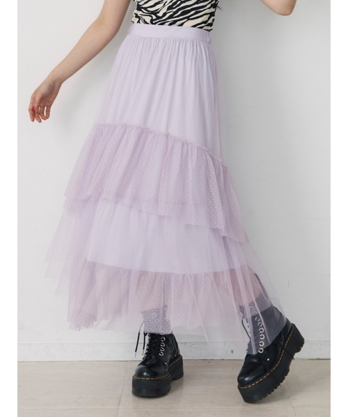 jouetie（ジュエティ）の「チュールティアードロングスカート（スカート・レディース・ブラック/パープル/オフホワイト・MEDIUM）」の3枚目の写真