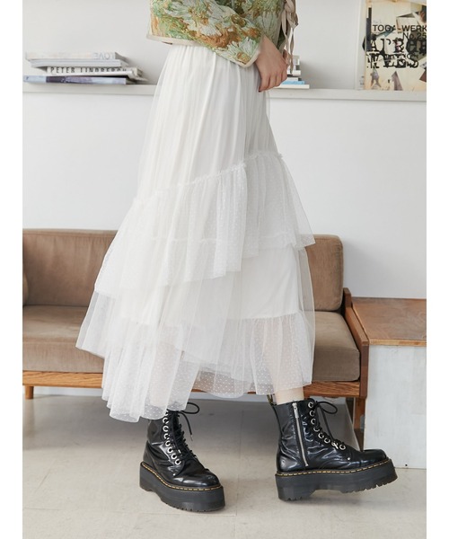 jouetie（ジュエティ）の「チュールティアードロングスカート（スカート・レディース・ブラック/パープル/オフホワイト・MEDIUM）」の4枚目の写真