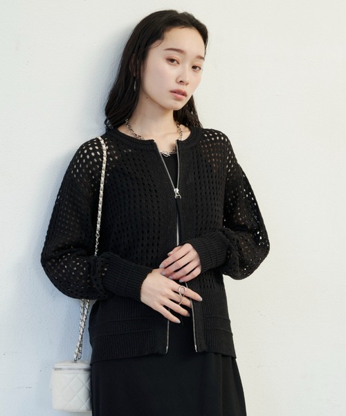 Shelly island（シェリーアイランド）の「ラメメッシュダブルジップカーデ（カーディガン/ボレロ・レディース・ブラック/ホワイト/ピンク・FREE）」の5枚目の写真