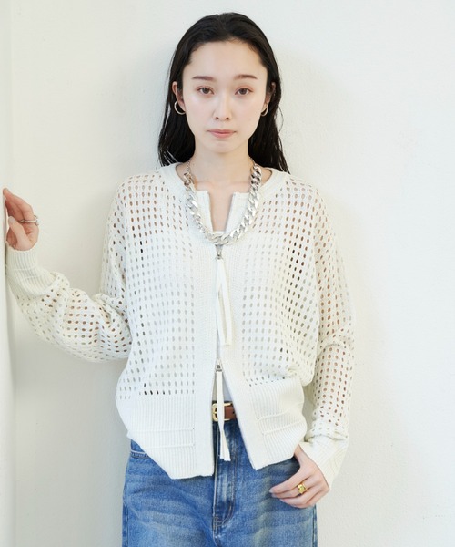 Shelly island（シェリーアイランド）の「ラメメッシュダブルジップカーデ（カーディガン/ボレロ・レディース・ブラック/ホワイト/ピンク・FREE）」の12枚目の写真