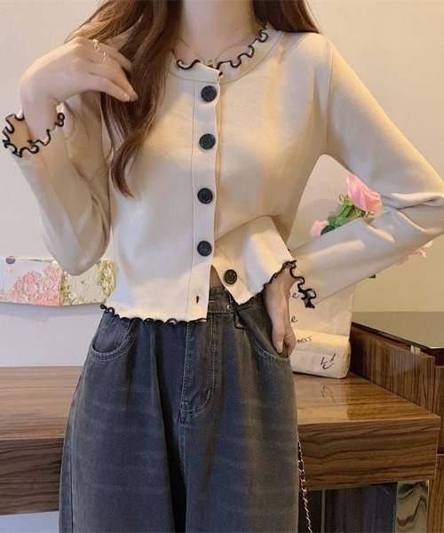 Per sist ence（パーシエンス）の「配色メローニットカーディガン（カーディガン/ボレロ・レディース・ブラック/ホワイト/モカ/ベージュ・FREE）」の2枚目の写真