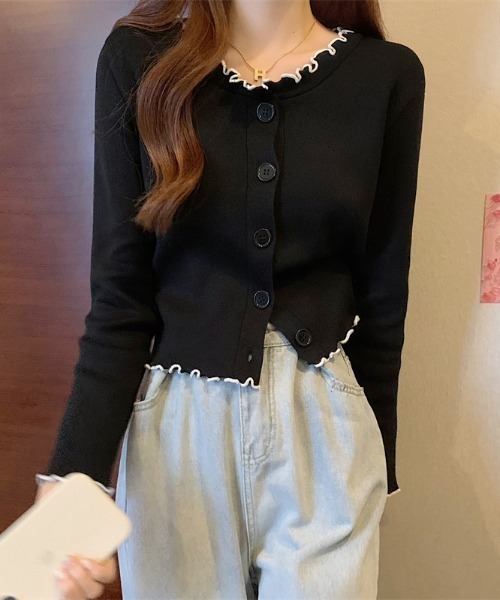 Per sist ence（パーシエンス）の「配色メローニットカーディガン（カーディガン/ボレロ・レディース・ブラック/ホワイト/モカ/ベージュ・FREE）」の3枚目の写真