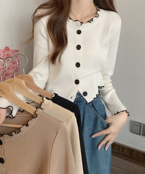 Per sist ence（パーシエンス）の「配色メローニットカーディガン（カーディガン/ボレロ・レディース・ブラック/ホワイト/モカ/ベージュ・FREE）」の7枚目の写真