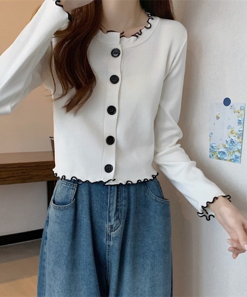 Per sist ence（パーシエンス）の「配色メローニットカーディガン（カーディガン/ボレロ・レディース・ブラック/ホワイト/モカ/ベージュ・FREE）」の8枚目の写真