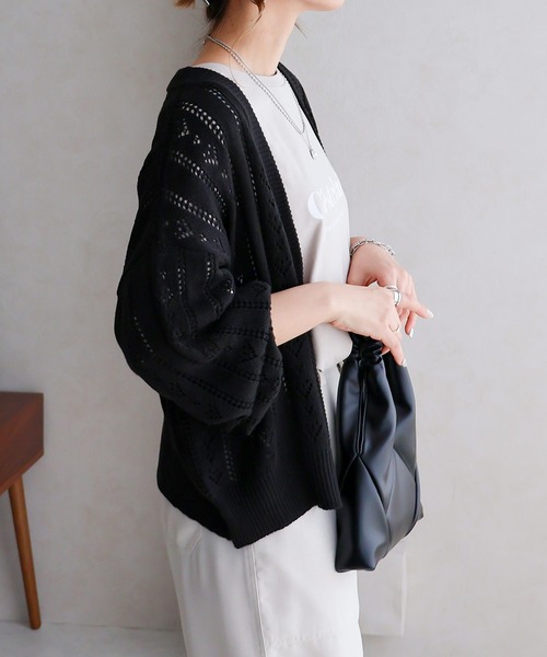 Social GIRL（ソーシャルガール）の「透かし編みカーデ（カーディガン/ボレロ・レディース・オフホワイト/ブラック・M）」の4枚目の写真