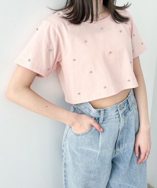 Heather(ヘザー)の「ビジュークロップドTEE 121895(Tシャツ/カットソー・レディース・ホワイト/ピンク/ブラック・FREE)」の1枚目の写真