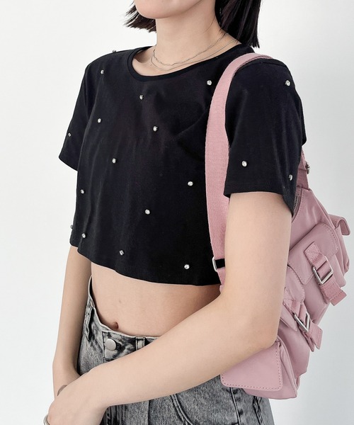 Heather(ヘザー)の「ビジュークロップドTEE 121895(Tシャツ/カットソー・レディース・ホワイト/ピンク/ブラック・FREE)」の3枚目の写真