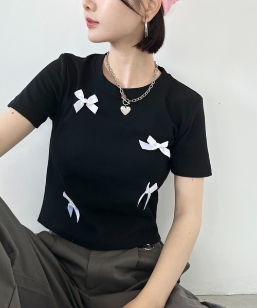セール】リボンモチーフ クロップド丈コンパクト半袖Tシャツ（Tシャツ 