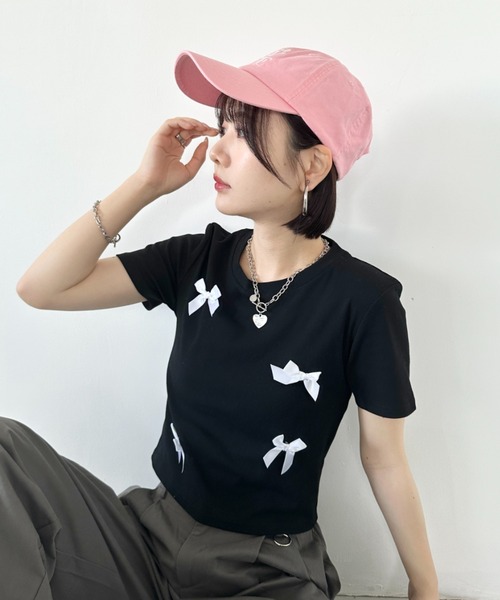 セール】リボンモチーフ クロップド丈コンパクト半袖Tシャツ（T