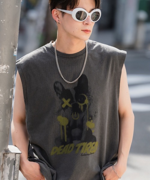 SIDEWAY STANCE（サイドウェイスタンス）の「【SIDEWAY STANCE】ヴィンテージ加工 プリント ノースリーブTシャツ（タンクトップ・メンズ・ブラック系1/ベージュ系/グリーン系/ベージュ系1/グリーン系1/ブラック系/グリーン/ベージュ/ブラック/グリーン系3/ベージュ系3/ブラック系2/グリーン系2/ベージュ系2/グリーン系4/ベージュ系4/ブラック系4/ブラック系3・X-LARGE/LARGE/MEDIUM/SMALL）」の3枚目の写真